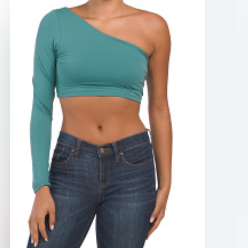 Anthropology Susana Monaco One Shoulder Crop Long Sleeve Top SZ L Blue Spruce